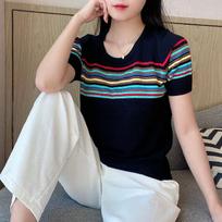 Women's Short Sleeve Rainbow Striped Knit Top - Summer 2022 One Size