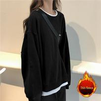 Women's Fleece-Lined Loose Round Neck Sweatshirt - Autumn Winter Long Sleeve Thickened T-Shirt, Casual Outerwear for Students and Couples XXL juoda