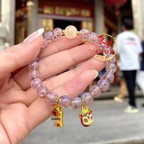 Cherry Blossom Purple Glaze Waking Lion Ruyi Luck Bracelet with Gold Foil Fu Character.