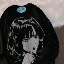 Moteriška hiphopo gatvės apranga Harajuku su gobtuvu retro japonų anime mergaičių megztinis pavasario ir rudens megztinis M juoda