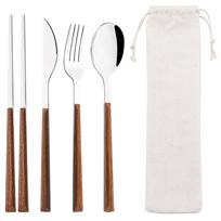5Pcs Steak Knife Fork Spoon Chopsticks Cutlery Set Wood Handle Dinnerware Stainless Steel Tableware Kitchen Flatware with Bag sidabras