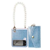 For Samsung Galaxy Z Flip 4 5g Luxury Bling Sparkle Glitter With Pearl Chain Card Holder Case For Girls Women Anti -Drop Cover For Galaxy Z Flip 4 mėlyna