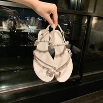 Rhinestone Pearl Set Toe Sandals Flat Bottom Summer Plus Size Women's Shoes 43 balta