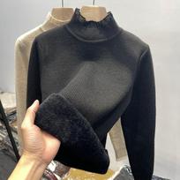 Žieminiai elegantiški pusiau aukšta apykakle, stori šilti megztiniai moteriški rudens mada, saldūs nėriniai su aksomu megzti laisvi megztiniai 29261 One Size juoda