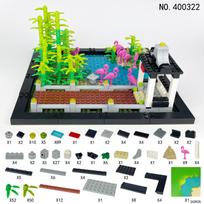 400322 Miesto pelkės parkas Žolės upės mažų grūdų grindys paukščių gyvūno modelis augalija lapai sodo paviljonas statybinio bloko žaislas