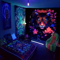 Spalvingas miško liūtas karalius fluorescencinis juodos šviesos gobelenas sieninis gobelenas monstro gobelenas sieninis dekoras miegamajam svetainei 95x73cm blue