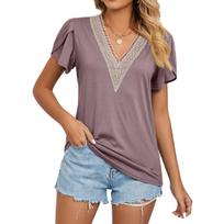 Solid Color Women Tops Gold Lace V-neck Tile Short Sleeve Solid Color Blouses S