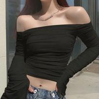Mesh Ruched Fairy Long Sleeve T-Shirt Women Sexy Off Shoulder Streetwear Crop Tops Female Solid Elegant Party Fashion Clothing 2024 S juoda