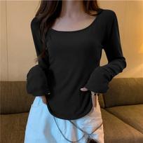 New Irregular Elegant Long Sleeve T-Shirts Women Squral Collar Casual Slim Crop Top Female Chic Vintage Streetwear Solid Tees M juoda