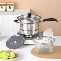 Deep Fryer Cooking Pot with Filter Basket, Kitchen Noodles for Restaurant Party with handle beige