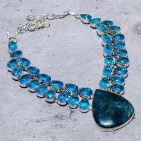 Natural Neon Blue Apatite, Blue Topaz 925 Sterling Silver Necklace 18  u5Y84