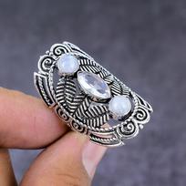 Natural White Topaz,Moonstone Gemstone 925 Sterling Silver Gift Ring S.8.5 m4E09