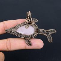 Rose Quartz Gemstone Handmade Pure Copper Wire Wrapped  Fish Pendant Jewelry For Thanksgiving 2.56 Inches rožinė