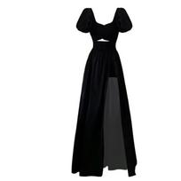 French Vintage Open Fork Long Dress Women Black Elegant Party Hollow Out Dress Female Korea Style Short Sleeve Dress Summer 2023 S juoda