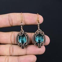 Blue Topaz Gemstone Handmade Pure Copper Wire Wrapped Earring Jewelry For Memorial Day 2.56 Inches mėlyna