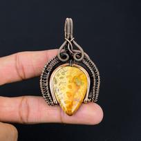 Amazing Fossil Coral Gemstone Handmade Pure Copper Wire Wrapped Pendant Jewelry 2.95 Inches geltona