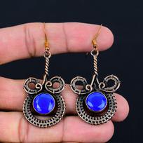 Wonderful Blue Chalcedony Handmade Pure Copper Wire Wrapped Earrings Jewelry 2.56 Inches mėlyna