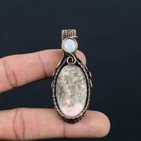 Rhodochrosite & Moonstone Gemstone Handmade Pure Copper Wire Wrap Jewelry Pendant 2.56 Inches rožinė