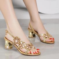 Women's Flip-flops Summer Rhinestone New Mid-heeled Outer Wear Diamond-studded Open-toe Fish Mouth High Heel Sexy Elegant Slippers  Rubber Material 41 white