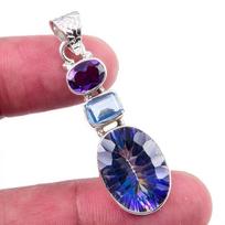 Natural Mystic Topaz,Blue Topaz Gemstone 925 Solid Silver Pendant 1.75'' u1q92