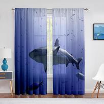 3D Shark Fish Ocean Marine Theme Sheer Voile Curtain for Living Room Window Chiffon Blinds Bedroom Tulle Drape Kitchen Curtains 1 PCS W100XH250cm&Rod Pocket
