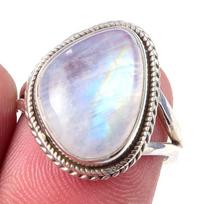 Natural Rainbow Moon Stone Gemstone Handmade 925 Sterling Silver Ring S.6 c1N89 gray