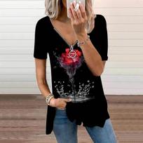 Women's Top Summer New Fashion Blue Tulip Printed Casual Zipper V-neck Short Sleeve Top XS raudona