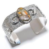 Bumblebee Jasper Gemstone 925 Sterling Silver Cuff Bangle Adjustable f3w38 gray