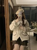 Winter Thickened Shaker Fleece Short Jacket Fur Lamb Wool Jacket Coat High Quality Fur Coat Casual Style Jacket One Size smėlis