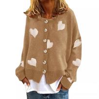 Autumn Winter V Neck Loose Knitted Sweater Woman Single Breasted Heart Print Sweaters Women Cardigans Elegant Vintage Plus Size Knitwear Jacket 24639 S chaki