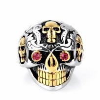 S925 silver ring thickened personalized motorcycle gold ruby eyes skull men's ring 8