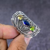 Natural Blue Topaz,Peridot Gemstone Handmade 925 Sterling Silver Ring S.8 h6d96