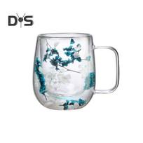 250 ml Stiklinis puodelis su dvigubomis sienelėmis skaidraus gėlių plataus burnos puodelis su rankena izoliuotas kavos puodelis kavos arbatos šokoladui 250ml mėlyna