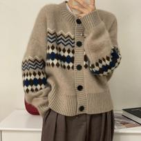 Spring and Autumn Ladies Fashion Loose Round Neck Jacquard Knitted Cardigan One Size kava