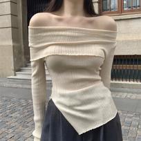 Korean Chic Pullover Sweet Knitted Tops Women New Elegant Slim Off Shoulder Long Sleeve Pullover Female Autumn Irregulate Ladies Casual Solid Clothes S abrikosas