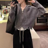 Fashion Elegant Tassel Hooded Knitted Sweater Women Autumn and Winter Casual Women's Short Sweater Jacket Vintage Solid Knitwear Cardigan Coat 24849 One Size pilka spalva