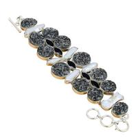 Black Titanium Druzy, Pearl Gemstone Handmade 925 Sterling Silver Bracelet 925 Handicrafted Gemstone Bracelet 7 mėlyna