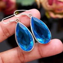 Blue Topaz Quartz Handmade Earrings, Simple 925 Silver Minimalist Dangle Earring