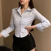 Harajuku Elegant Sexy Short Shirts Women Japanese Fashion Streetwear Slim Blouse Female Autumn Y2K Casual Ladies Cropped Tops New S mėlyna