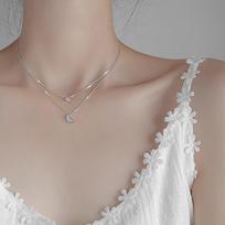 925 Sterling Silver Double -Layer Zircon Star Choker Moon Necklace For Women Temperament Clavicle Chain Simple Jewelry