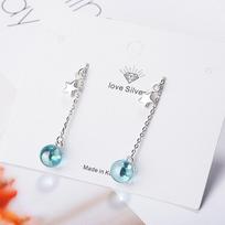 925 Sterling Silver Fantastic Blue Planet Crystal Bead Long Tassel Earrings With Star Embellished For Women Gift S -E667