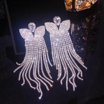 Elegant Female Rhinestone Crystal Drop Dangle Earrings Silver Color Tassel Long Earrings For Women Wedding Big Earrings Jewelry 12.5CM white