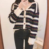 Autumn Print Floral Long Sleeve V Neck Knitted Cardigan Coat Women Fashion Slim Fit Elegant Vintage Sweater Women Winter Elegant Knitwear Jacket 24949 One Size juoda