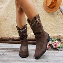Moteriški dirbtiniai zomšiniai kaubojiški batai, neslystantys blauzdos viduriu, sulenkti Cowgirl bateliai, išsiuvinėti vakarietiškais smailiais pirštais, stambūs, blokuoti, užtraukiami aukštakulniai batai moterims 35 tamsiai ruda spalva
