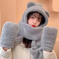 Kepurė Šalikai Kašmyras Šiltas Žieminis Šalikas Kišenės Pirštinės Viskas Viename Moterų Mada Šaliai Katės Ausytės Mielas Kawaii Žieminiai Šalikai one size pilka