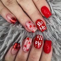 24pcs Glossy Short Square Fake Nails, Christmas Red Press On Nails With Shiny Sequin Love Heart And Crutch Design, X-mas Full Cover False Nails Merry Christmas