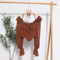 Flare Sleeve Women Tops Ruffle Solid Elastic Waist Halter Backless Chiffon Slim Ladies Harajuku Sexy Short Blouse One Size kava