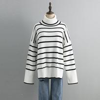 Autumn Long Sleeve Casual Turtleneck Knitwear Women Fashion Elegant Vintage Pullover Sweaters Office Lady Striped Jumpers Women Winter Clothing 25147 balta