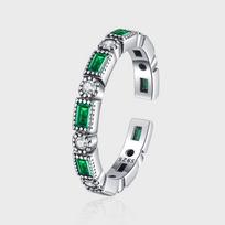 S925 Sterling Silver Retro Light Luxury Ring Elegant Women'S Simple High-End Ring Niche Design Green Diamond Ring Opening adjustable gray