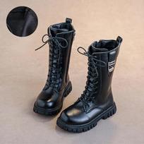 Girls Long Leather Boots Solid Color Britain Style Kids Princess High Boots Fashion Children Catwalk Buckle Boots Classic Chic 27